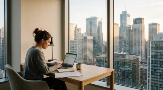 Professionnel travaillant de manière concentrée sur ordinateur portable dans un bureau moderne avec vue sur une skyline urbaine internationale