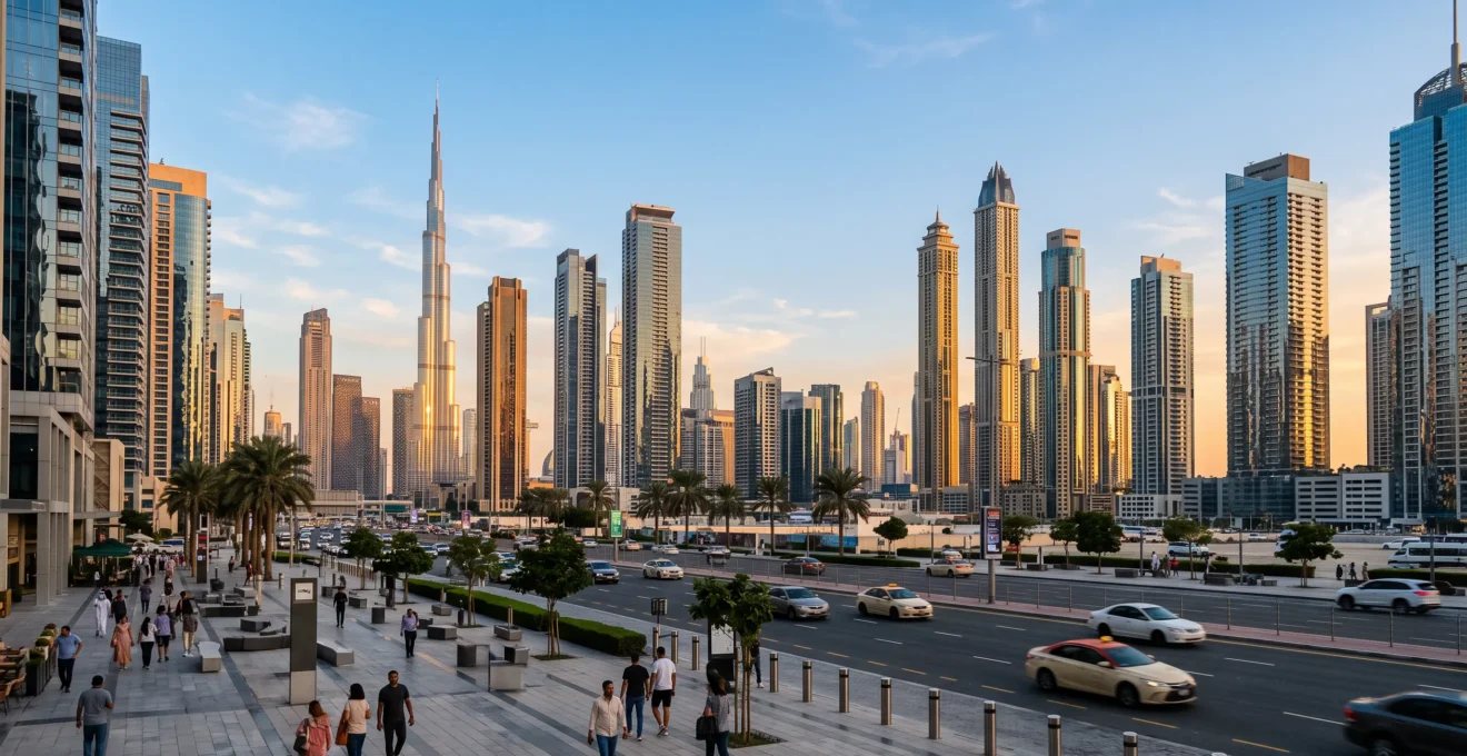 Skyline du quartier d'affaires de Dubaï avec ses gratte-ciels modernes et la tour Burj Khalifa photographié pendant l'heure dorée